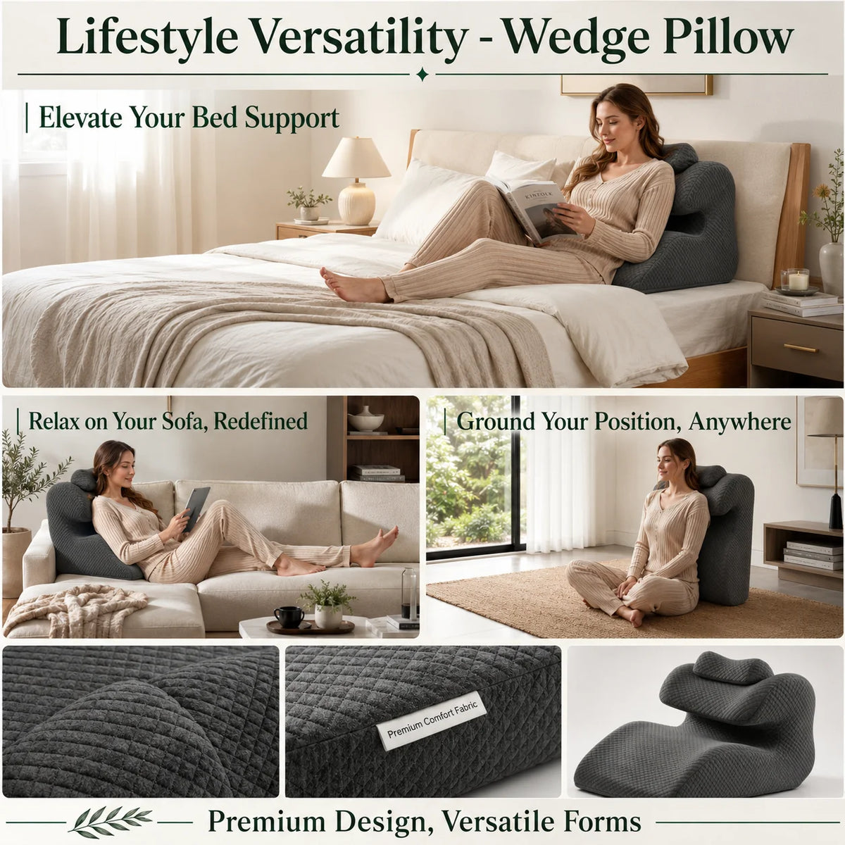 Wedge Backrest Pillow Multi-Zone Support Detachable Headrest