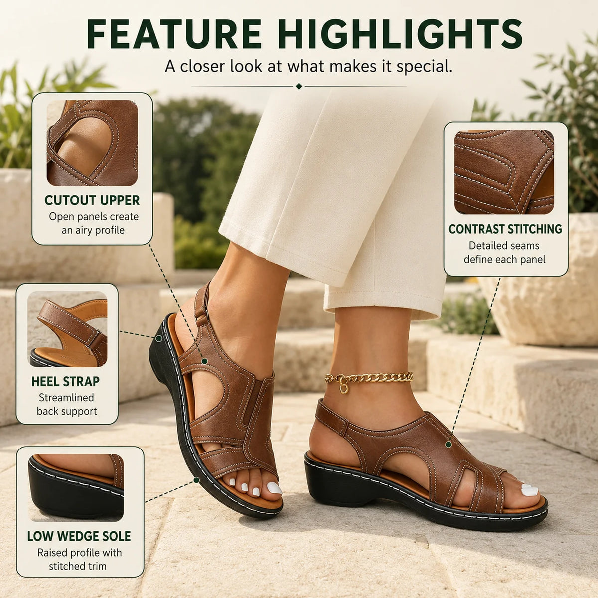 Wedge Sandals Adjustable Hook & Loop Straps Contoured Padded Footbed