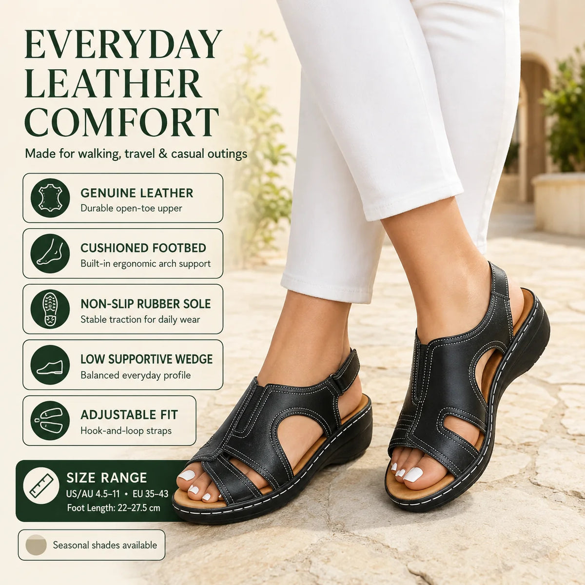 Wedge Sandals Adjustable Hook & Loop Straps Contoured Padded Footbed