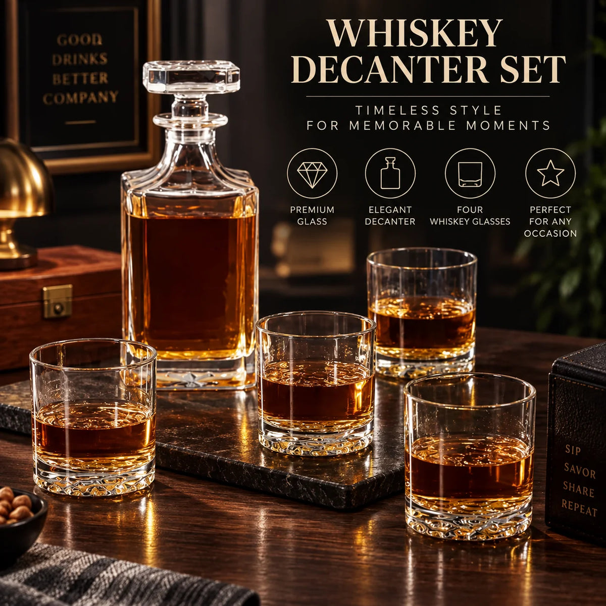 Whiskey Decanter Set Engraved 28 Oz With Four Glasses