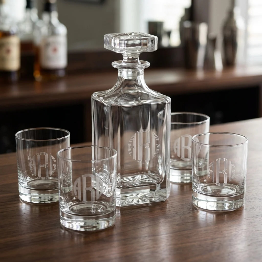 Whiskey Decanter Set Engraved 28 Oz With Four Glasses