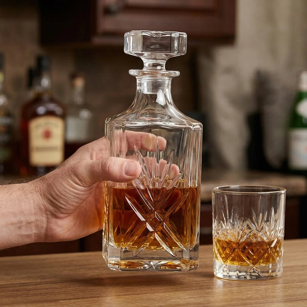 Whiskey Decanter Set Engraved 28 Oz With Four Glasses