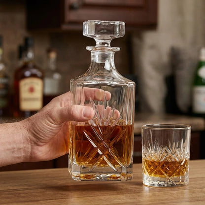 Whiskey Decanter Set Engraved 28 Oz With Four Glasses