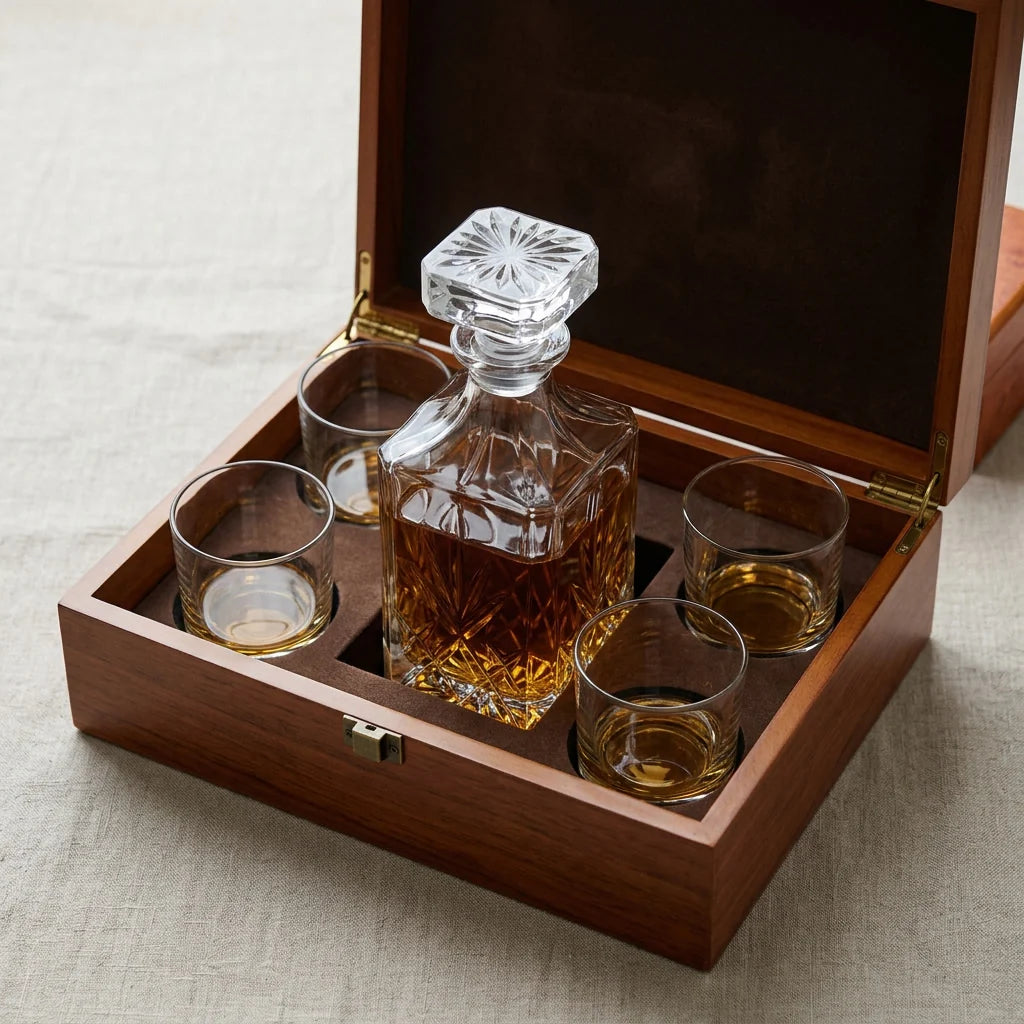Whiskey Decanter Set Engraved 28 Oz With Four Glasses