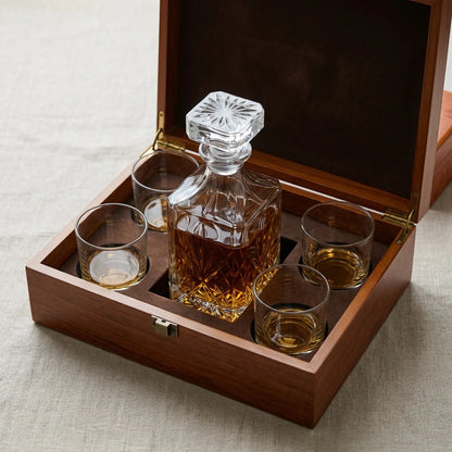 Whiskey Decanter Set Engraved 28 Oz With Four Glasses