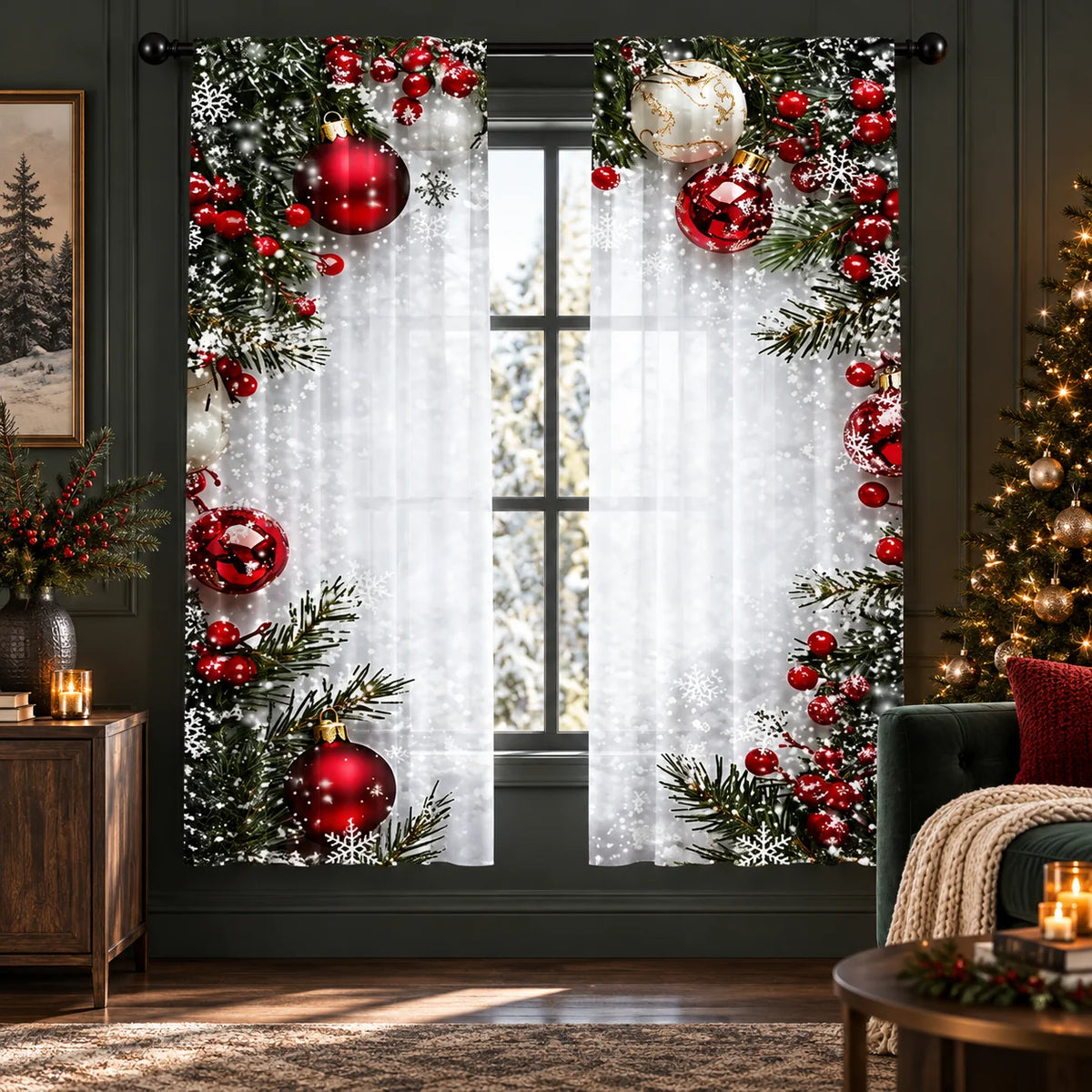 Window Curtains Satin-Sheen Holiday Print Set of 2