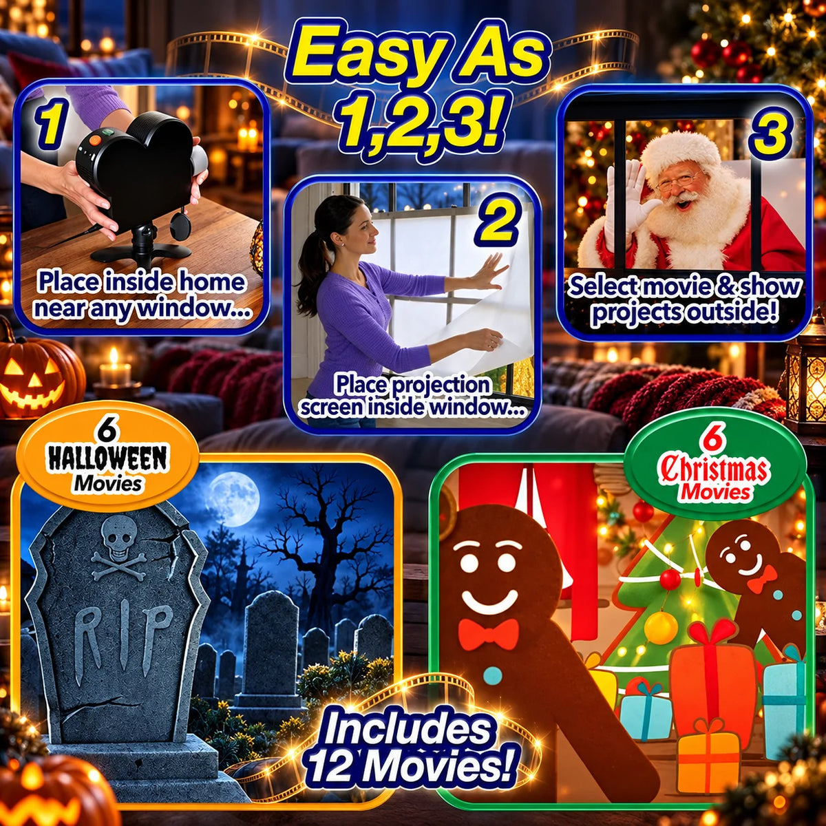Window Projector Animated Holiday Scenes 12 Videos Tripod