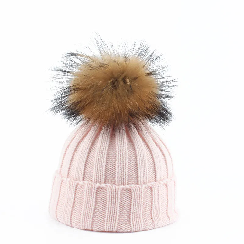 Winter Hat Cotton-Acrylic Oversized Faux-Fur Pompom