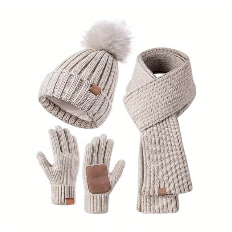 Winter Set Knitted Pom-Pom Hat Long Scarf Touchscreen Gloves