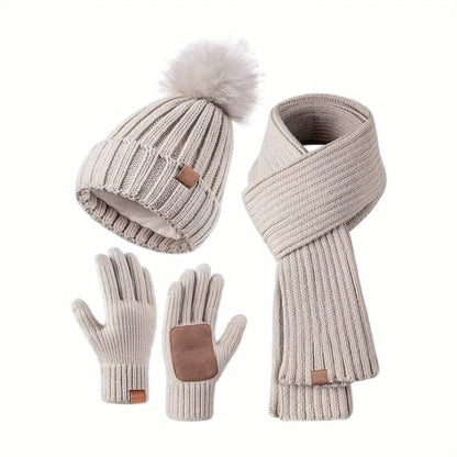 Winter Set Knitted Pom-Pom Hat Long Scarf Touchscreen Gloves