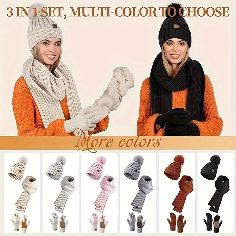 Winter Set Knitted Pom-Pom Hat Long Scarf Touchscreen Gloves