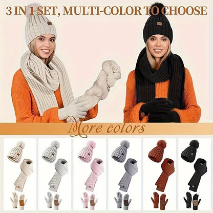 Winter Set Knitted Pom-Pom Hat Long Scarf Touchscreen Gloves