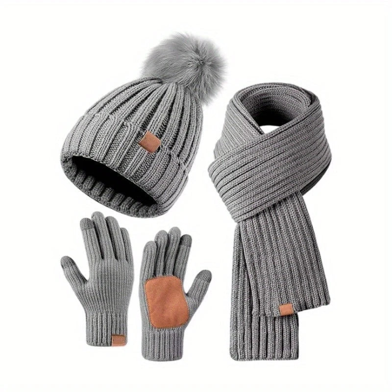 Winter Set Knitted Pom-Pom Hat Long Scarf Touchscreen Gloves