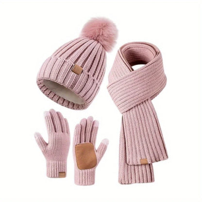 Winter Set Knitted Pom-Pom Hat Long Scarf Touchscreen Gloves