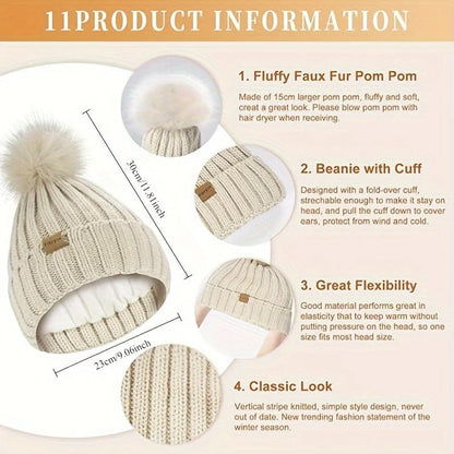 Winter Set Knitted Pom-Pom Hat Long Scarf Touchscreen Gloves