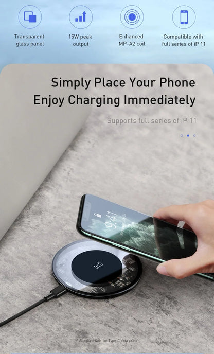 Wireless Charging Pad 15W Fast Charging Transparent Glass