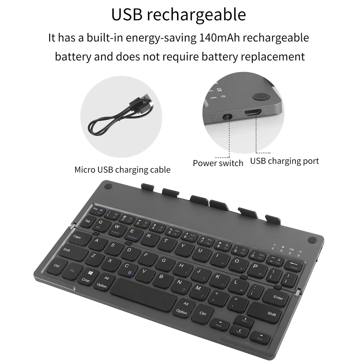 Wireless Keyboard Foldable With Integrated Phone Holder Bluetooth Rechargeable