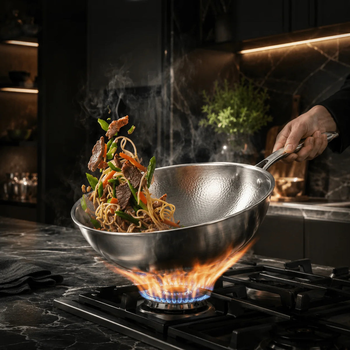 Wok Pan Flat-Bottom Hand-Hammered Titanium Induction & Oven Safe