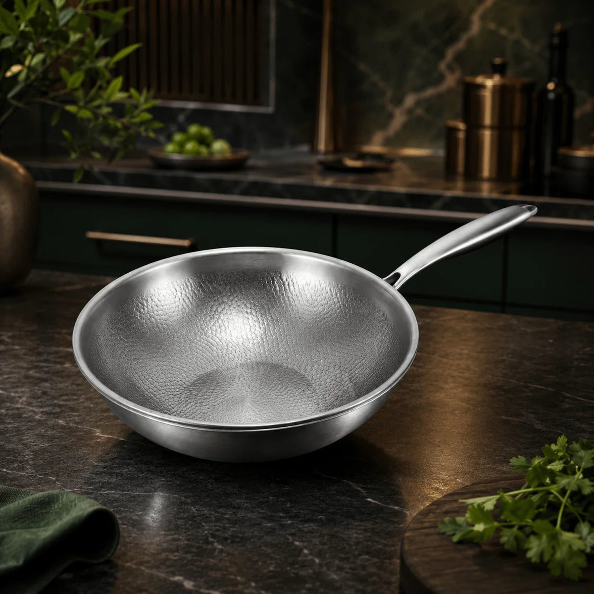 Wok Pan Flat-Bottom Hand-Hammered Titanium Induction & Oven Safe