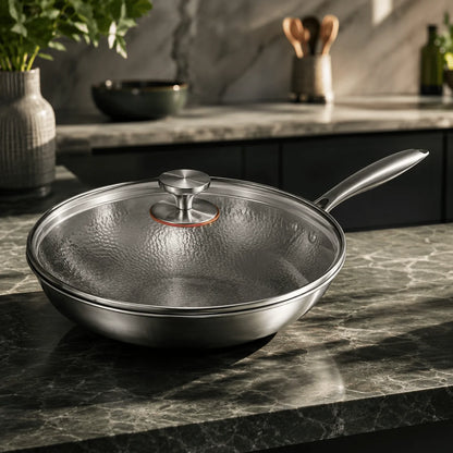 Wok Pan Flat-Bottom Hand-Hammered Titanium Induction & Oven Safe