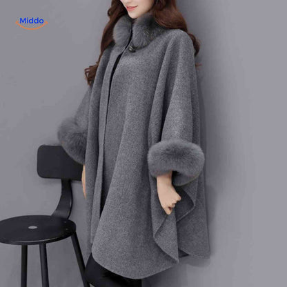 Women's Cape Wool Blend Faux Fur Collar A-Line Fit