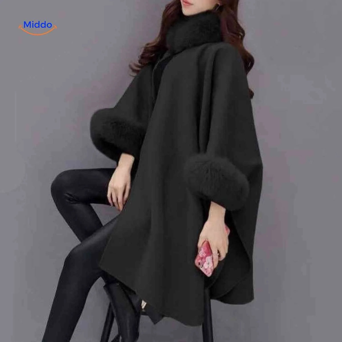 Women's Cape Wool Blend Faux Fur Collar A-Line Fit