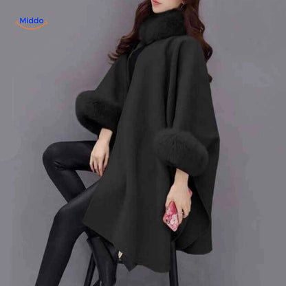 Women's Cape Wool Blend Faux Fur Collar A-Line Fit