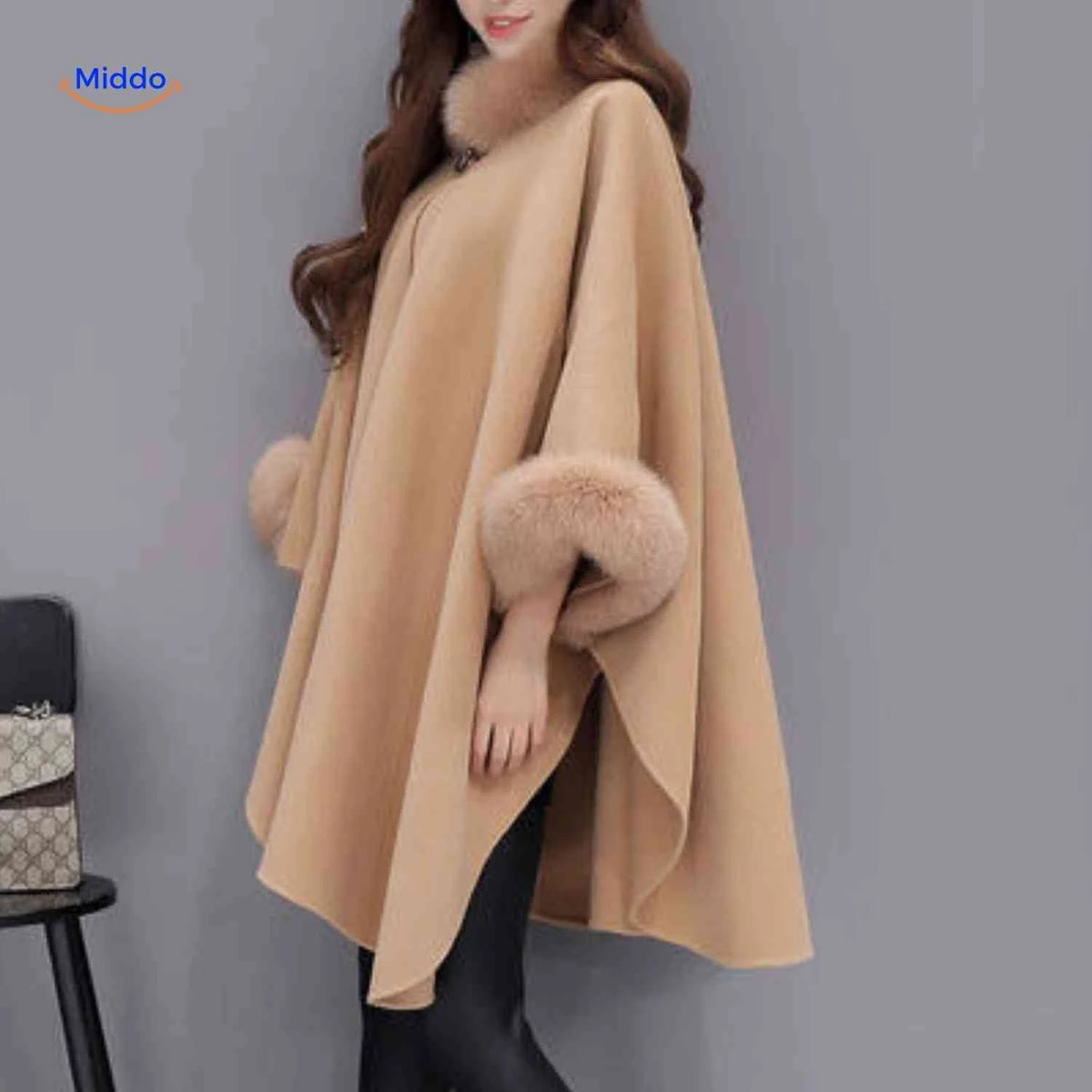 Women's Cape Wool Blend Faux Fur Collar A-Line Fit
