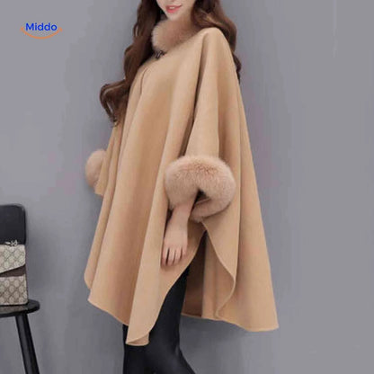 Women's Cape Wool Blend Faux Fur Collar A-Line Fit