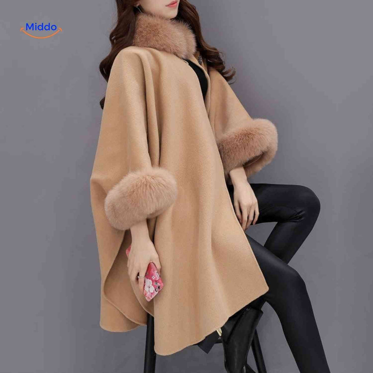 Women's Cape Wool Blend Faux Fur Collar A-Line Fit