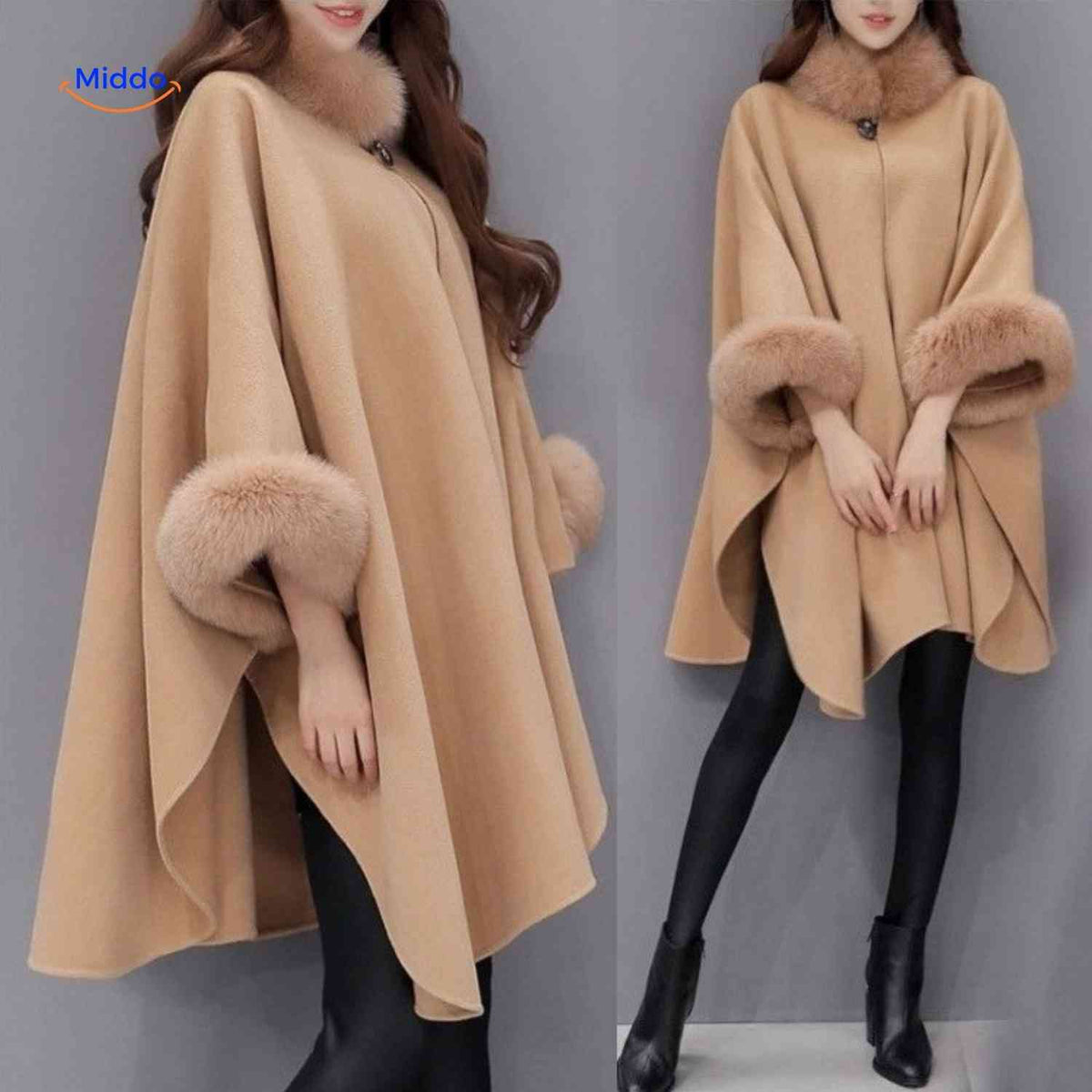 Women's Cape Wool Blend Faux Fur Collar A-Line Fit