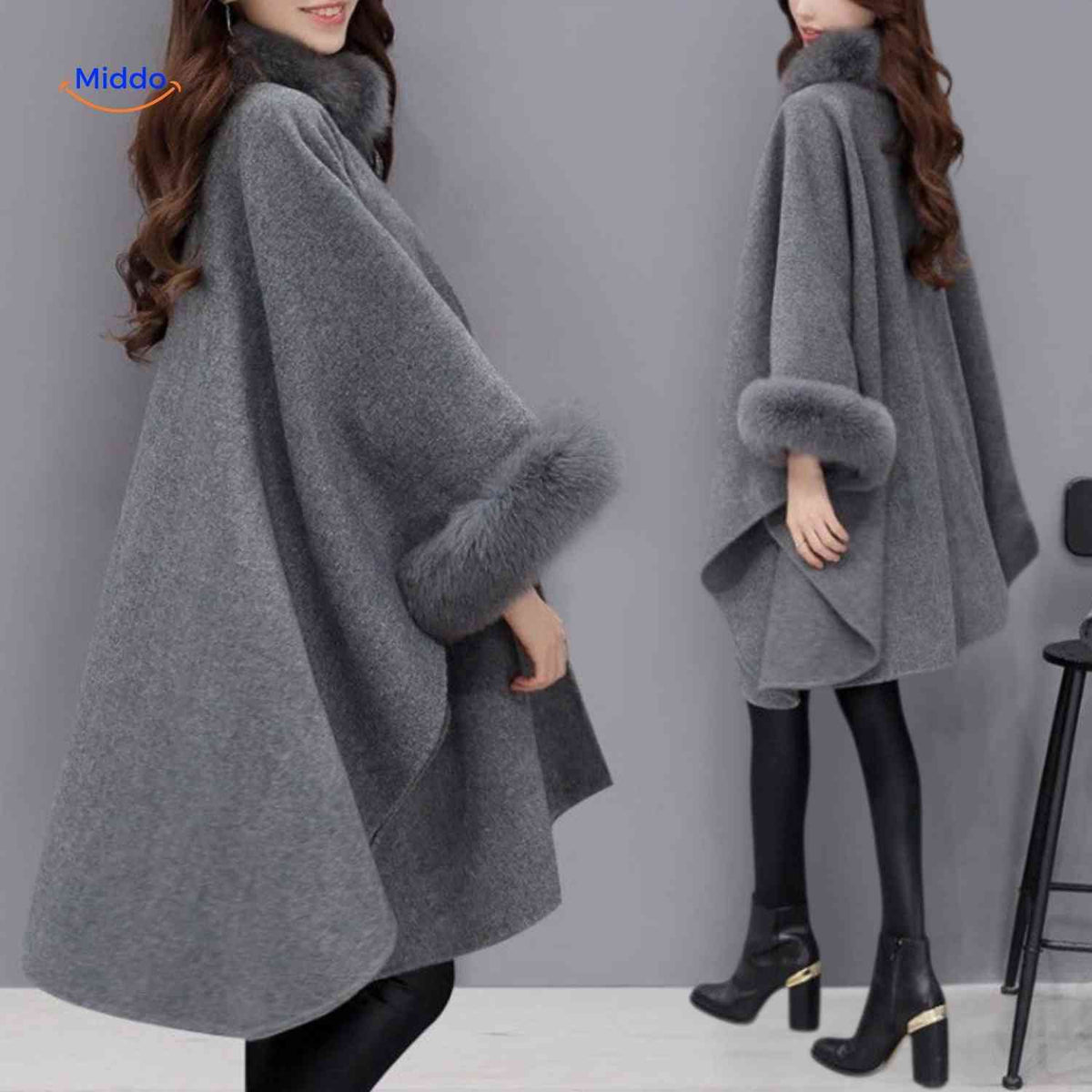 Women's Cape Wool Blend Faux Fur Collar A-Line Fit