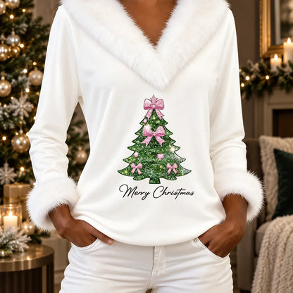 Women's Christmas Top Faux Fur Collar Cotton Blend