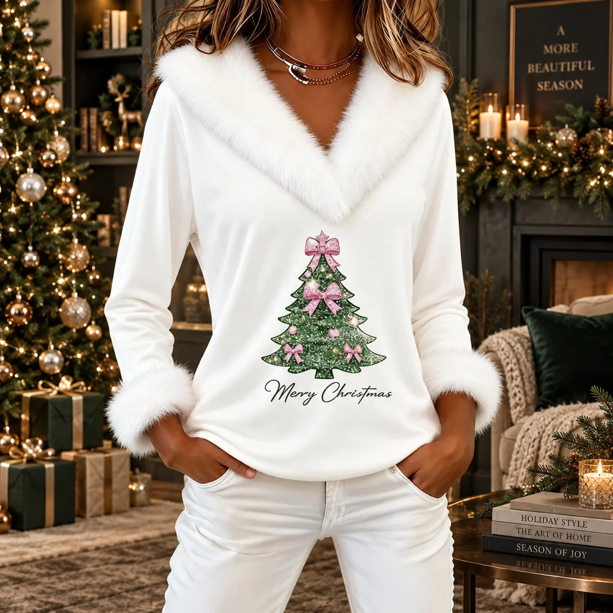 Women's Christmas Top Faux Fur Collar Cotton Blend
