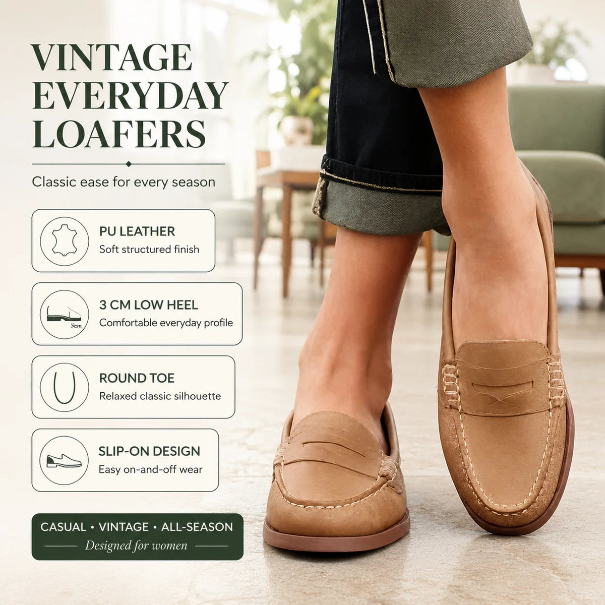 Women's Loafers Smooth PU Upper Low Stacked Heel