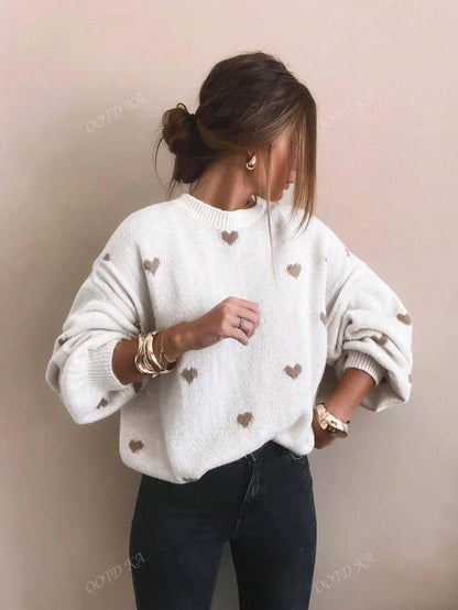 Women's Sweater Playful Heart Print Relaxed Fit Soft Fabric