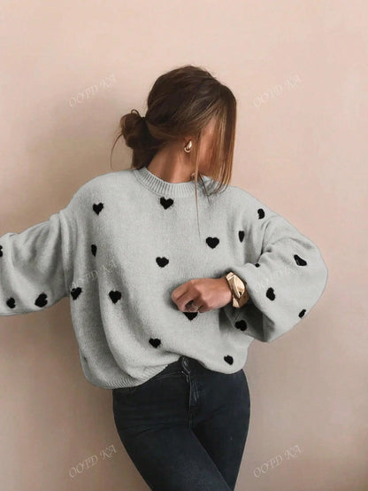 Women's Sweater Playful Heart Print Relaxed Fit Soft Fabric