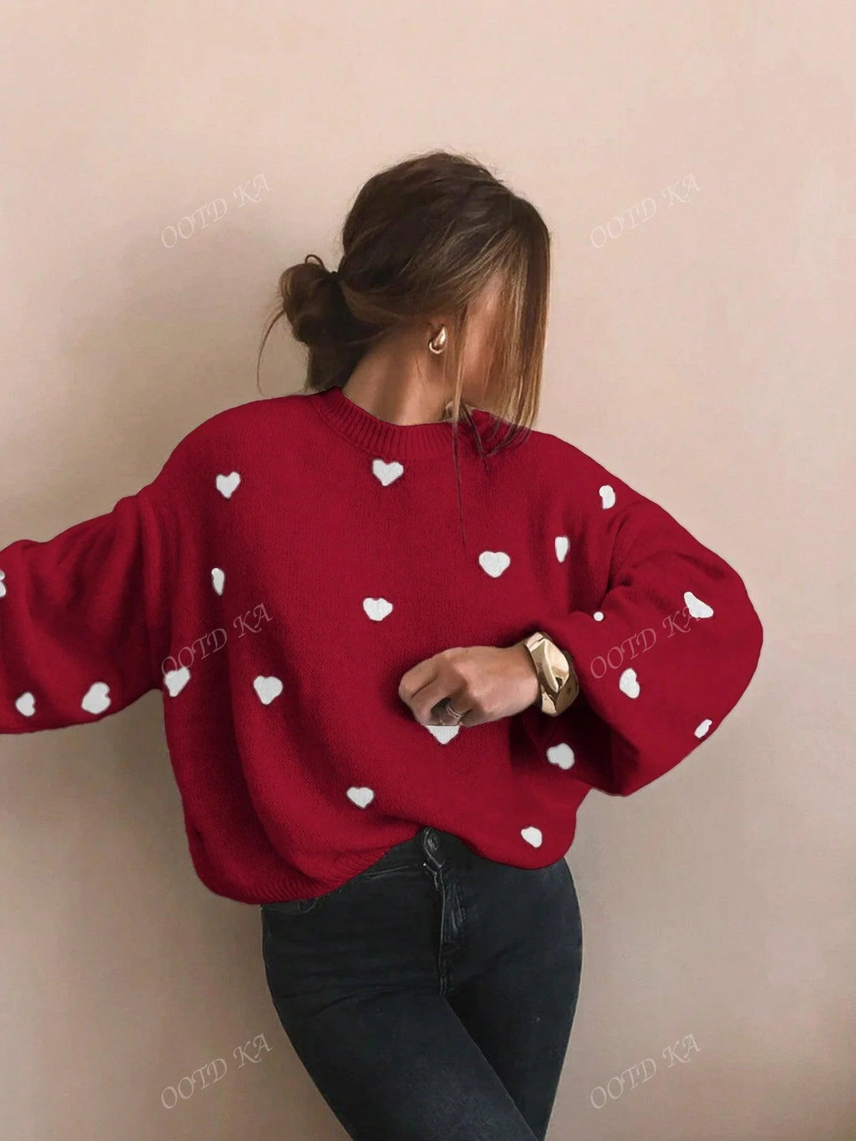 Women's Sweater Playful Heart Print Relaxed Fit Soft Fabric