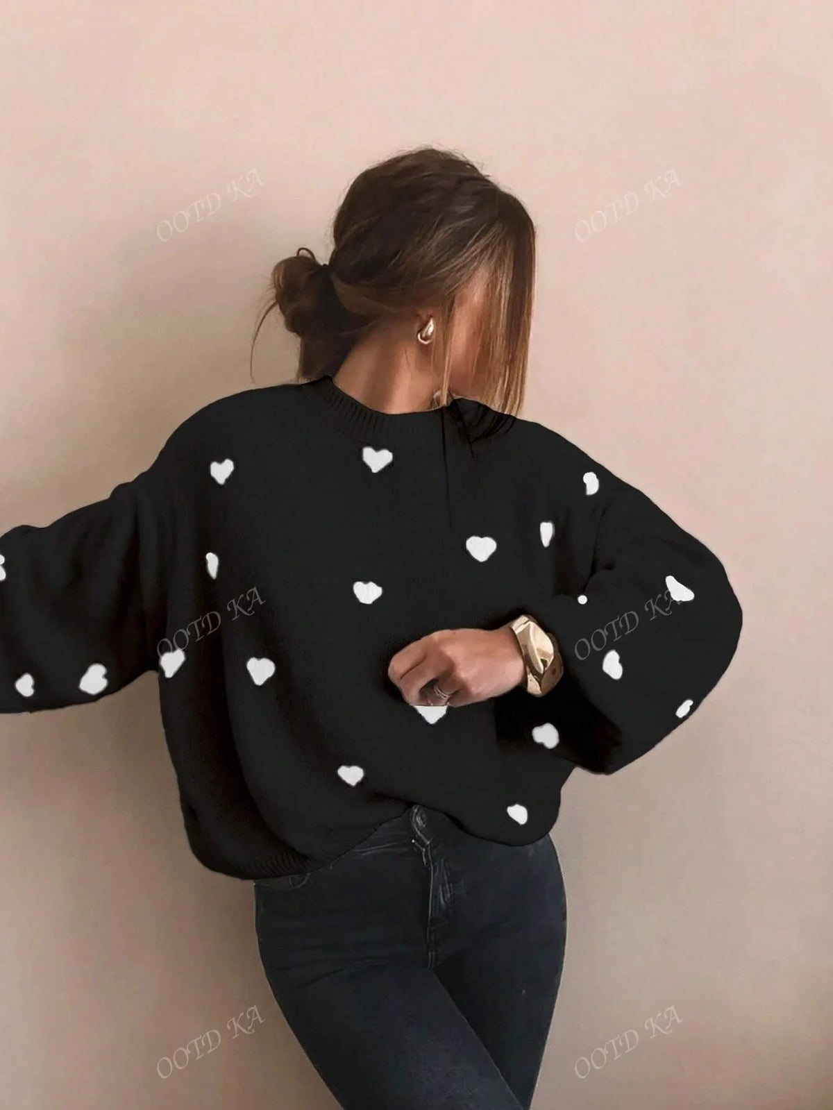 Women's Sweater Playful Heart Print Relaxed Fit Soft Fabric