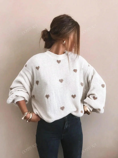 Women's Sweater Playful Heart Print Relaxed Fit Soft Fabric