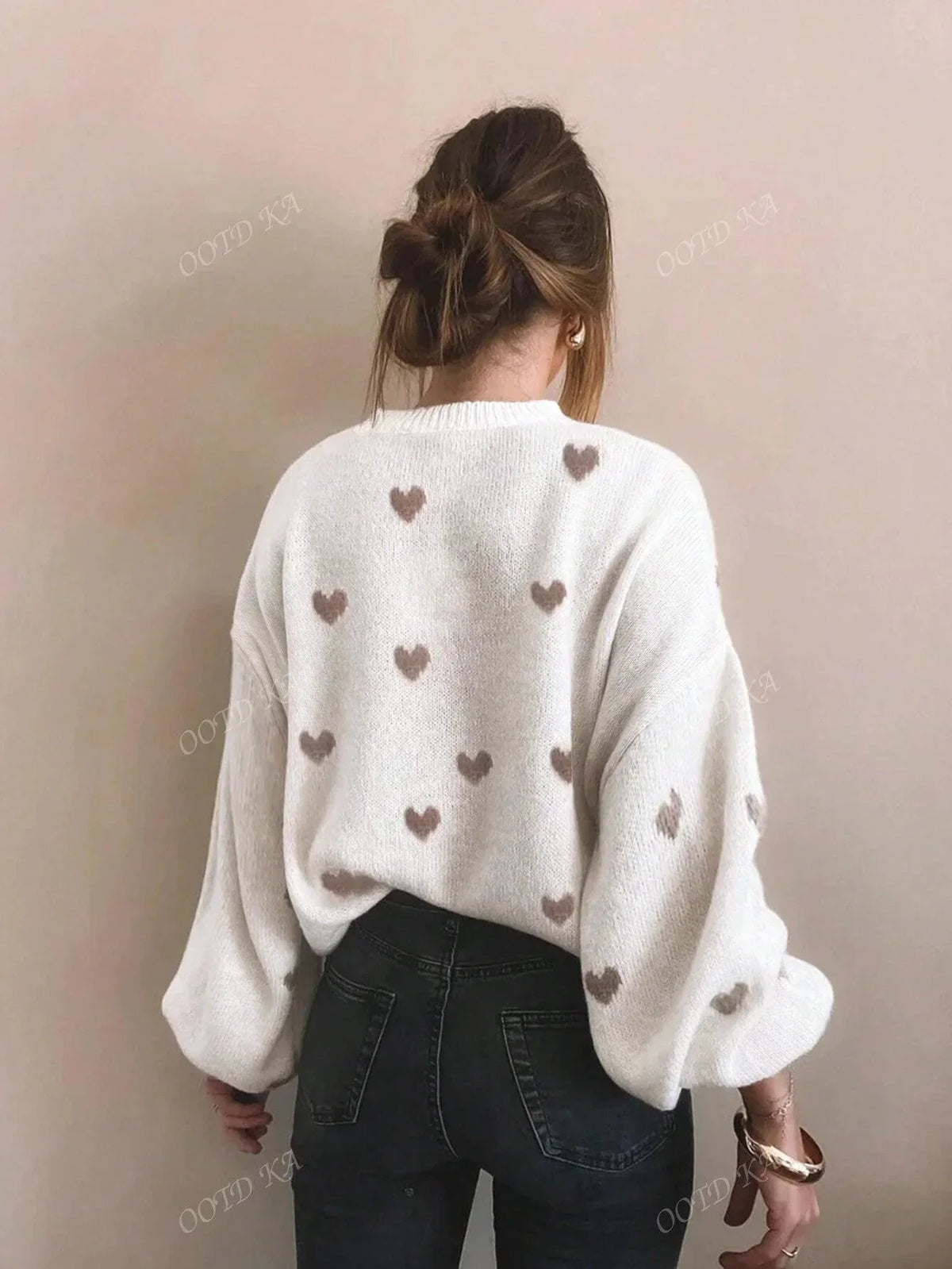 Women's Sweater Playful Heart Print Relaxed Fit Soft Fabric