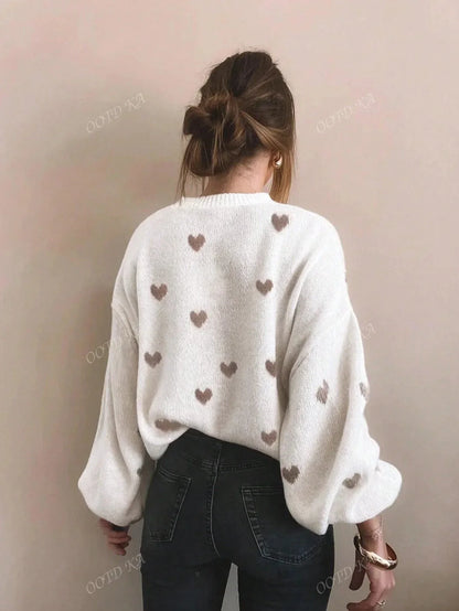 Women's Sweater Playful Heart Print Relaxed Fit Soft Fabric