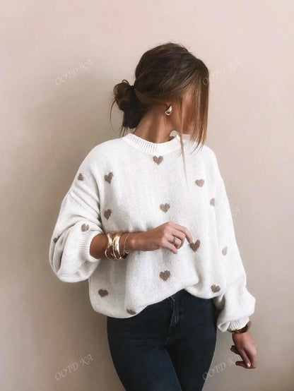 Women's Sweater Playful Heart Print Relaxed Fit Soft Fabric