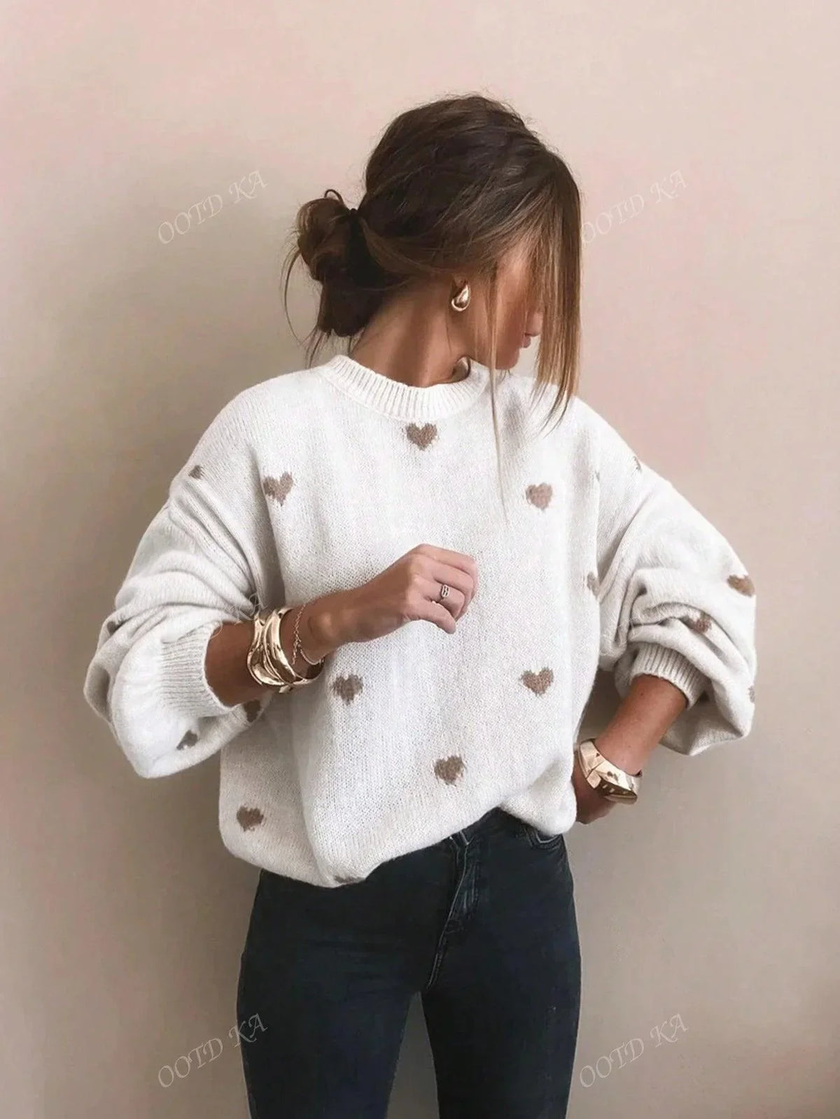 Women's Sweater Playful Heart Print Relaxed Fit Soft Fabric