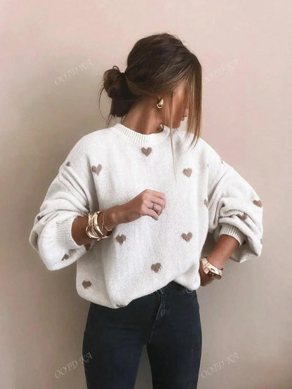 Women's Sweater Playful Heart Print Relaxed Fit Soft Fabric