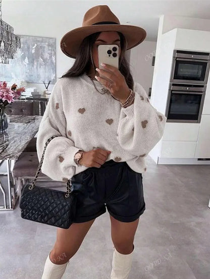Women's Sweater Playful Heart Print Relaxed Fit Soft Fabric