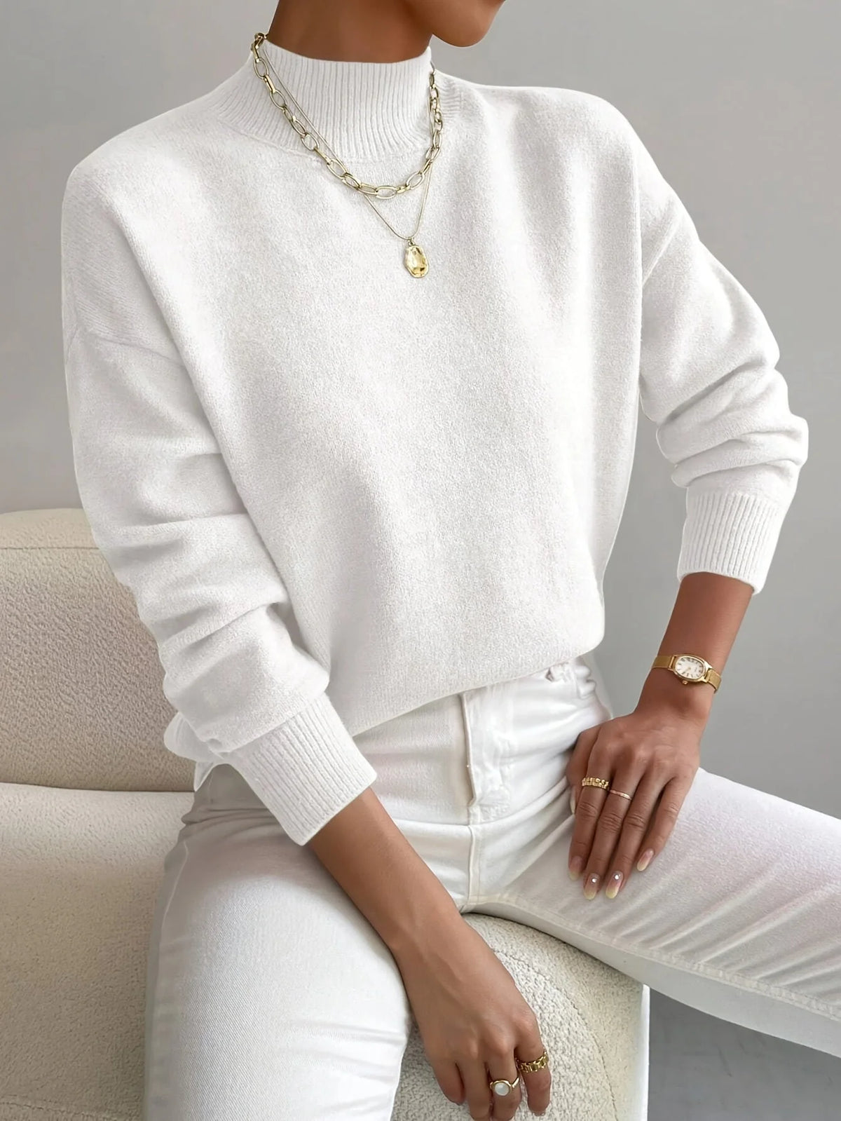 Women's Sweater Soft Knit Raised Neckline Straight Fit