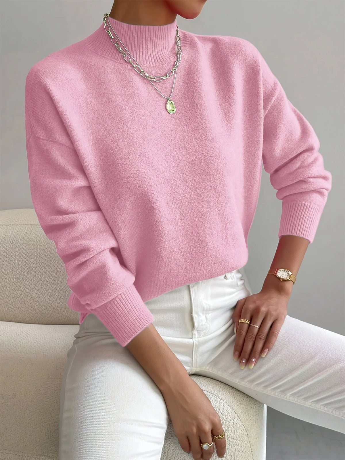 Women's Sweater Soft Knit Raised Neckline Straight Fit