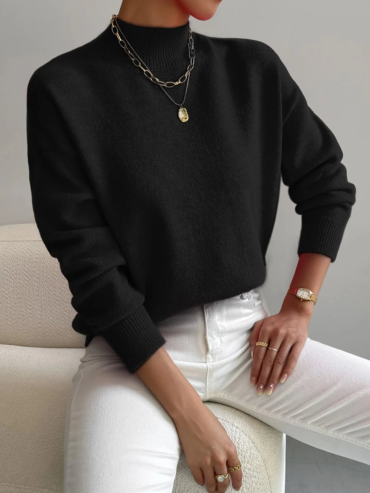 Women's Sweater Soft Knit Raised Neckline Straight Fit