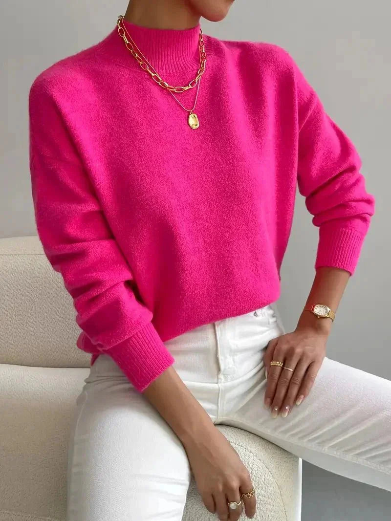 Women's Sweater Soft Knit Raised Neckline Straight Fit